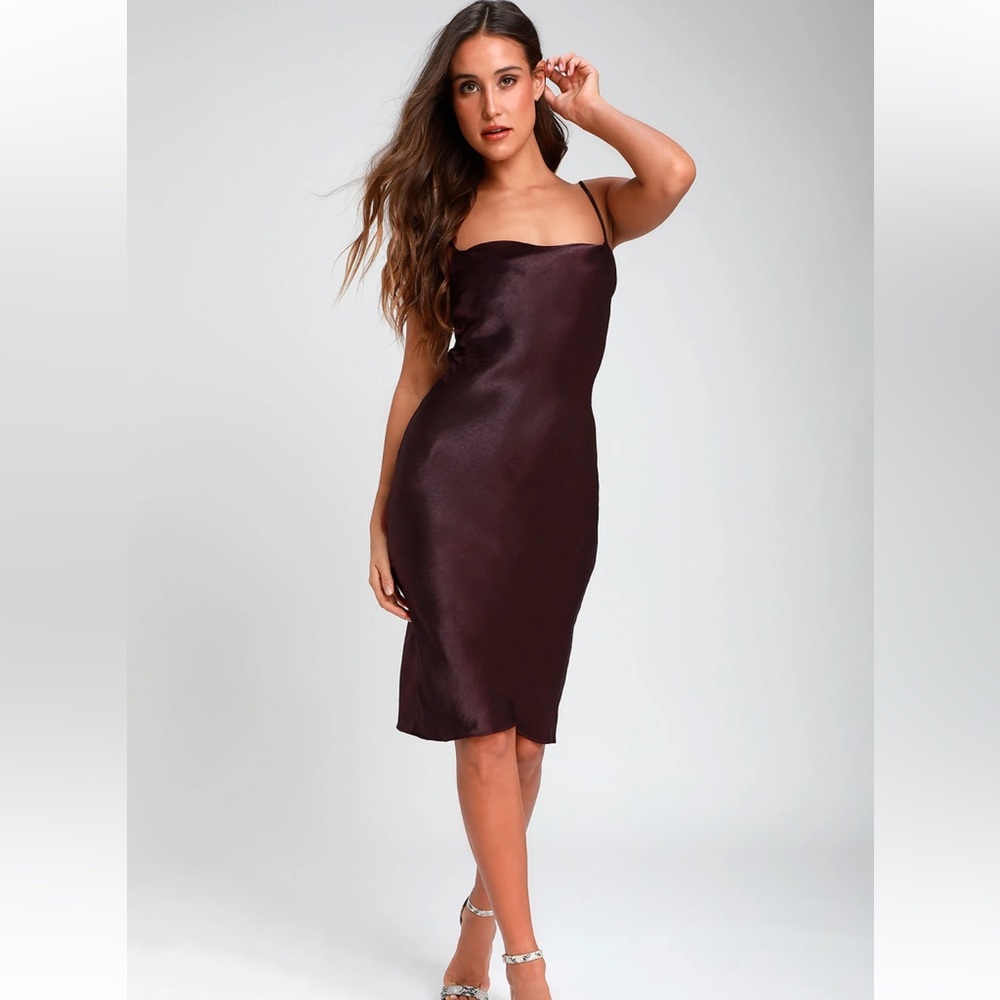 Lulus Brazen Babe Dark Purple Satin Cowl Neck Midi Dress